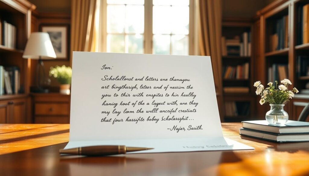 A beautifully designed scholarship acceptance letter, set against a backdrop of a warm, sun-dappled study. The letter is carefully handwritten on high-quality stationery, with a classic serif font that exudes professionalism and gratitude. The scene is illuminated by soft, natural light filtering through a large window, casting gentle shadows and highlighting the letter's elegant calligraphy. In the foreground, a wooden desk with a polished surface holds a few carefully placed academic accoutrements, such as a quill pen and a small vase of fresh flowers, creating a sense of thoughtfulness and attention to detail. The overall mood is one of quiet celebration and a deep appreciation for the opportunity the scholarship represents.