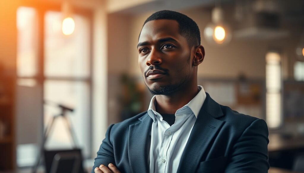 A determined professional standing tall, their strong work ethic and admirable character shining through. The scene is bathed in a warm, inviting light, with the subject's face conveying a sense of focus and determination. The background is a blurred, softly lit office space, hinting at the subject's diligent work and commitment to their craft. The composition is balanced, with the subject positioned centrally, exuding a sense of confidence and resolve. This image encapsulates the essence of the "work ethic and character" that would be an asset to any scholarship recipient.