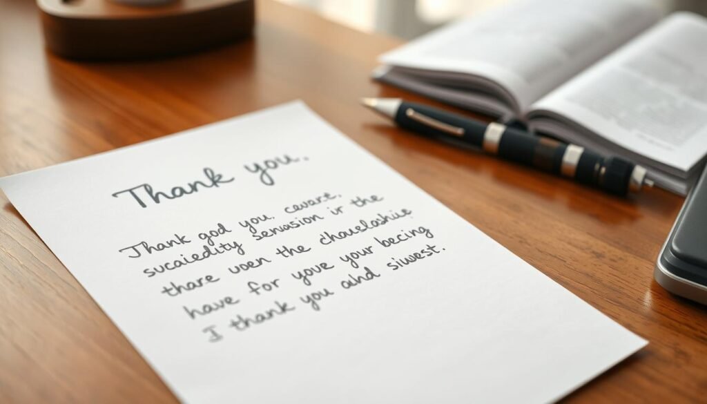A handwritten thank you letter on high-quality paper, sitting atop a wooden desk. The letter is neatly formatted, with a heartfelt expression of gratitude for the scholarship award. The background is softly blurred, with a warm, natural lighting that creates a cozy, thoughtful atmosphere. The composition places the letter as the central focus, hinting at the care and attention the recipient has put into this meaningful correspondence.