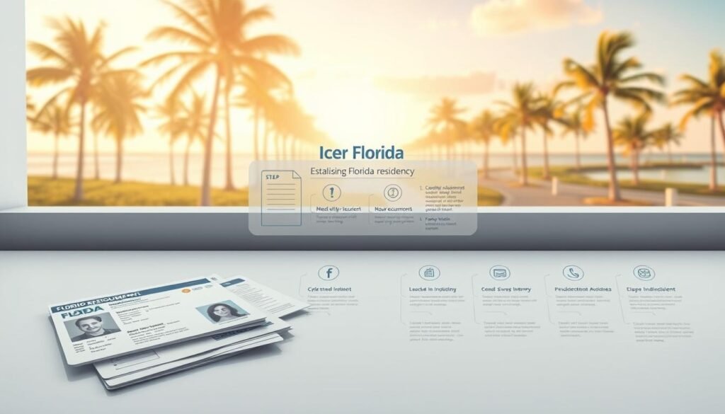 A highly detailed digital illustration showcasing the official documentation requirements for Florida residency. The foreground prominently displays an array of identification documents, including driver's licenses, utility bills, and school transcripts, all neatly arranged on a clean, minimalist surface. The midground features an informative infographic outlining the step-by-step process for establishing Florida residency, with clear icons and concise textual explanations. The background depicts a serene Florida landscape, with palm trees swaying gently in the warm, golden sunlight, creating a sense of tranquility and authenticity. The overall composition conveys a professional, informative, and visually engaging representation of the key requirements for Florida residency.