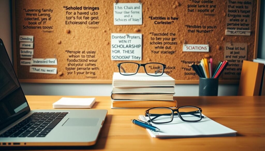 A neatly organized desk with a laptop, pen, and notepad, bathed in warm, soft lighting. In the middle ground, a stack of books and a pair of reading glasses, symbolizing scholarly pursuit. The background features a cork board adorned with inspirational quotes and tips for a successful scholarship application, creating a thoughtful, academic atmosphere. The overall composition conveys a sense of focus, preparation, and the careful attention to detail required for a winning scholarship essay.