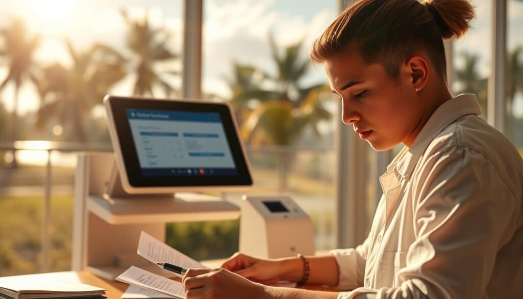 A vibrant and dynamic scene depicting the Florida Bright Futures scholarship renewal process. In the foreground, a student fills out paperwork, brow furrowed in concentration, surrounded by a warm, natural lighting. In the middle ground, a state-of-the-art computer terminal displays an online application form, reflecting the digital nature of the process. The background showcases the iconic palm trees and sun-drenched landscapes of Florida, conveying a sense of optimism and opportunity. The overall atmosphere is one of determination, academic excellence, and the promise of a brighter future.