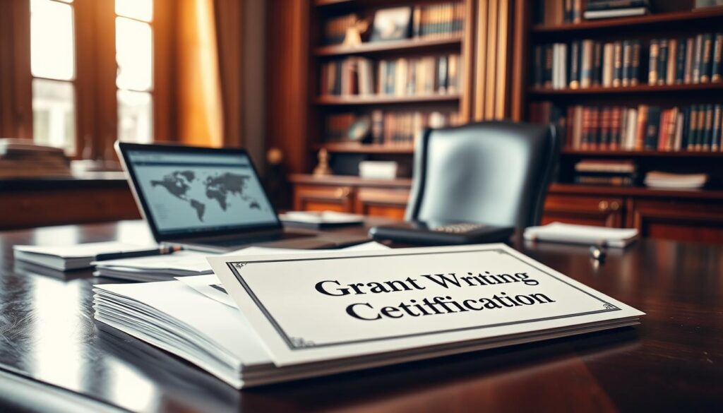 A well-lit, elegant office setting with a wooden desk, a laptop, and various office supplies. In the foreground, a stack of papers and a certificate with the words "Grant Writing Certification" prominently displayed. Behind the desk, a bookshelf filled with relevant textbooks and resources. The lighting is warm and inviting, creating a professional yet inspiring atmosphere. The camera angle is slightly elevated, giving the viewer a sense of authority and focus on the certification program materials. The overall composition conveys a sense of academic rigor and career advancement opportunities.