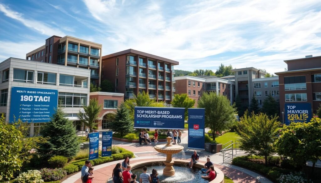 A well-lit, high-angle shot of several university campus buildings with modern architectural designs, nestled among lush greenery. The foreground features several students in casual attire, gathered around a campus fountain discussing scholarship opportunities. In the middle ground, there are signs and banners highlighting top merit-based scholarship programs, showcasing their prestige and academic excellence. The background features a clear, blue sky with wispy clouds, conveying a sense of optimism and opportunity. The overall scene exudes an atmosphere of academic achievement, opportunity, and the pursuit of higher education.