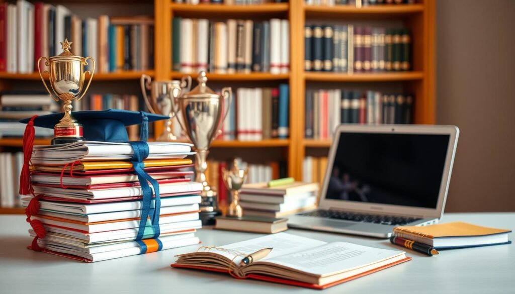 A well-lit, meticulously composed photograph showcasing a diverse array of academic and extracurricular achievements. In the foreground, a stack of diplomas, trophies, and certificates convey academic excellence. In the middle ground, a laptop, a pen, and a notebook symbolize the diligent research and writing involved in building a strong scholarship profile. The background features a bookshelf filled with textbooks and academic references, suggesting a studious environment. Soft, warm lighting illuminates the scene, creating a thoughtful, aspirational atmosphere. The overall composition emphasizes the importance of a multifaceted, well-rounded approach to enhancing one's scholarship profile.
