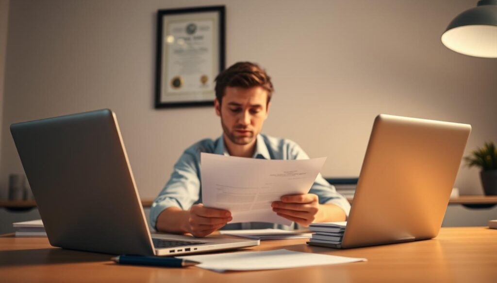 A well-lit office scene, with a desk in the foreground featuring a laptop, pen, and a stack of papers. In the middle ground, a person is sitting at the desk, intently reviewing a document. On the wall behind them, a framed certificate or diploma suggests an academic setting. Soft, warm lighting illuminates the scene, creating a pensive, focused atmosphere. The person's expression conveys a sense of care and attention as they finalize the details of a recommendation letter. The overall composition emphasizes the thoughtfulness and professionalism involved in crafting a strong scholarship recommendation.