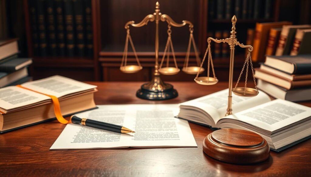 Elegant legal books and documents arranged on a wooden desk, illuminated by warm, directional lighting. Gavel and scales of justice prominently displayed, symbolizing the legal framework and structure. The overall atmosphere conveys a sense of authority, professionalism, and scholarly expertise, befitting the subject of establishing a scholarship fund.