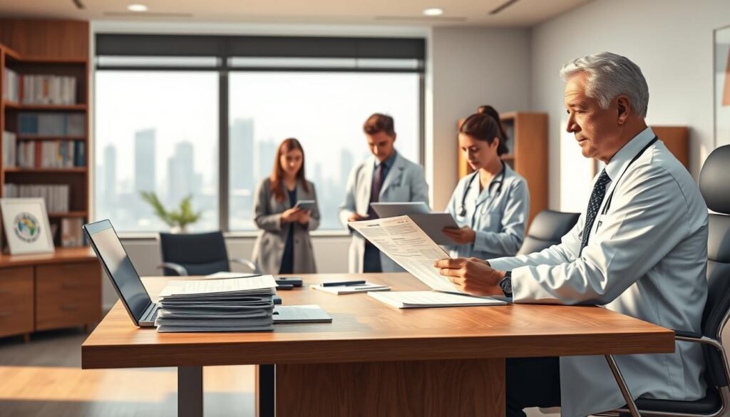 a highly detailed, photorealistic illustration of the financial aid process for medical students, set in a clean, modern office environment. The foreground features a physician reviewing a stack of documents on a sleek wooden desk, with a laptop and various office supplies nearby. The middle ground shows a pair of medical students discussing their financial aid options with a financial aid counselor, gesturing towards a laptop screen. The background features a bookshelf filled with medical textbooks and awards, as well as a large window overlooking a cityscape. The lighting is soft and natural, creating a professional and authoritative atmosphere. The overall scene conveys the complexities and importance of navigating the financial aid landscape for aspiring physicians.