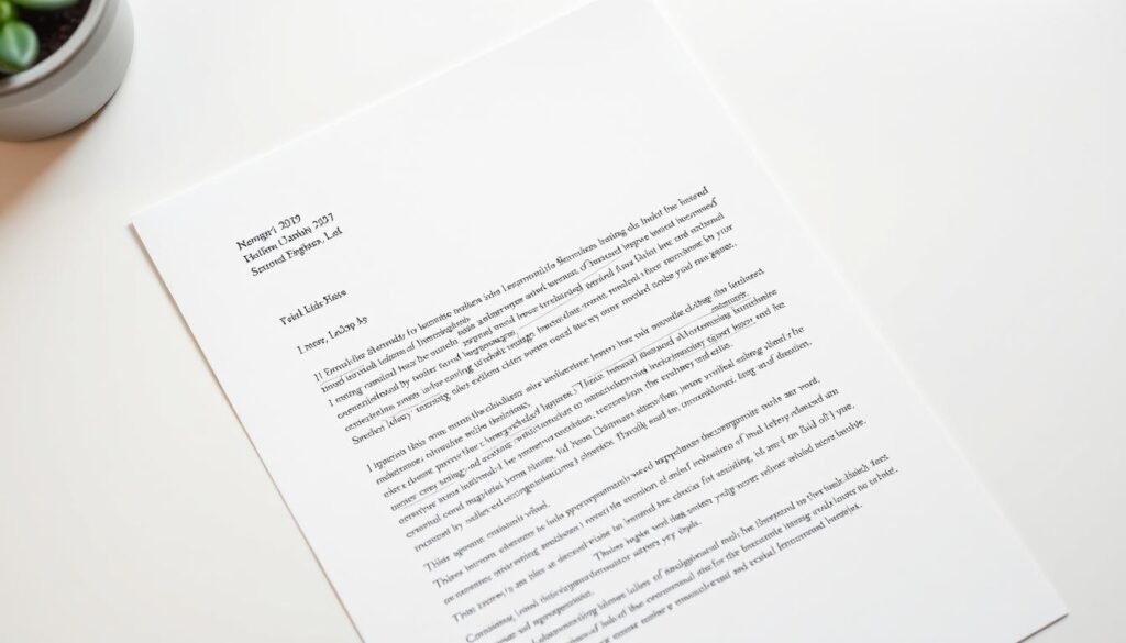 a meticulously crafted professional letter format laid out on a clean, crisp white desk, with a classic serif font and impeccable alignment. The header features the sender's name, address, and contact information, followed by the date and the recipient's details. The body of the letter showcases a formal and respectful tone, with each paragraph clearly delineated. The overall composition is balanced and symmetrical, creating a sense of professionalism and attention to detail. Soft, natural lighting illuminates the scene, casting gentle shadows and highlighting the texture of the paper. The entire setup exudes an air of authority and credibility, perfectly suited for a scholarship recommendation letter.