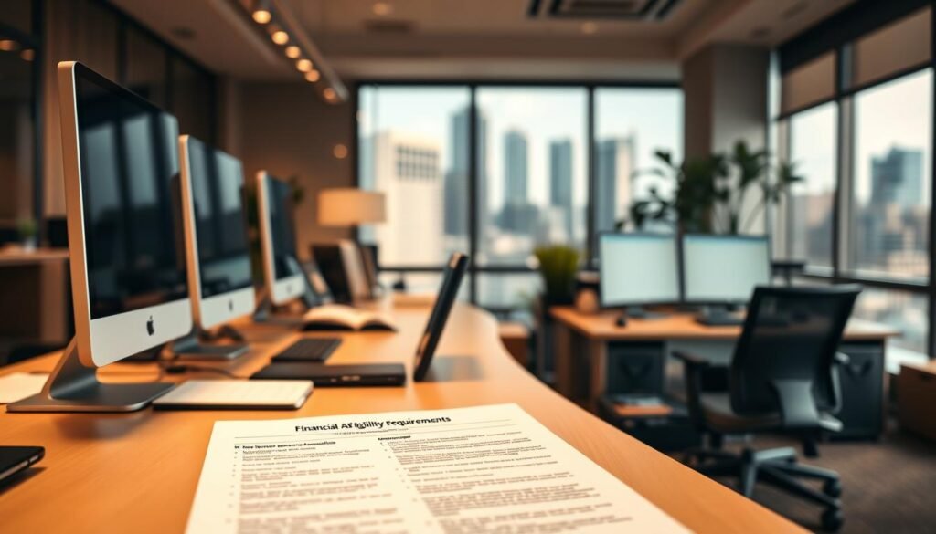 A clean, modern office interior with a large desk, sleek computer monitors, and organized paperwork. In the foreground, a legible document titled &quot;Financial Aid Eligibility Requirements&quot; is displayed, showcasing key details in a clear, easy-to-read format. Warm, directional lighting illuminates the scene, creating a professional, informative atmosphere. The background features tasteful décor and a slightly blurred cityscape visible through a window, establishing context. The overall composition conveys a sense of authority, clarity, and accessibility regarding the financial aid information presented.