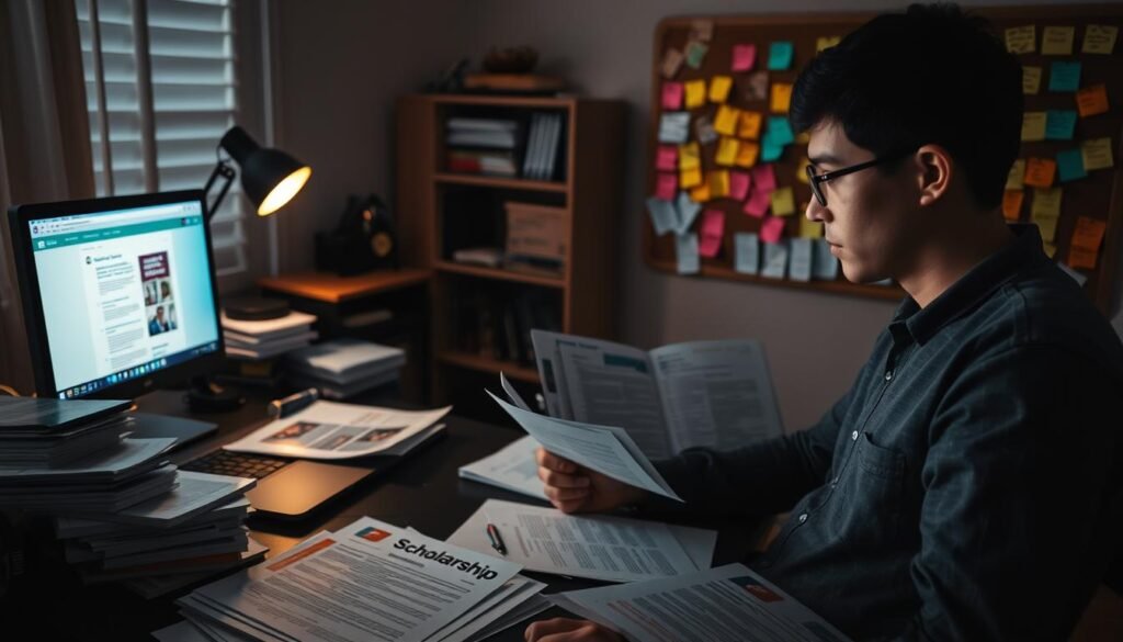 A dimly lit home office with a well-organized desk, featuring a laptop, stacks of paper, and research materials. In the foreground, a person intently scans through various scholarship websites and applications, their expression focused and determined. The middle ground showcases an array of scholarship brochures and documents, each one meticulously examined. The background depicts a corkboard adorned with colorful sticky notes, mapping out a strategic plan for securing multiple scholarship opportunities. Soft, warm lighting casts a pensive mood, highlighting the diligence and perseverance of the individual's scholarship search.