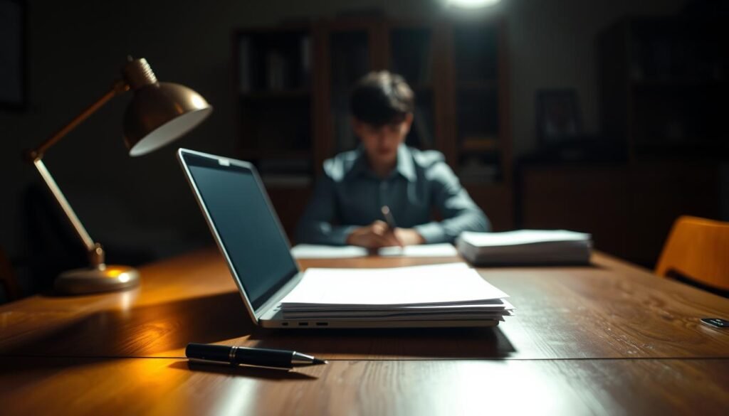 A dimly lit office scene, with a wooden desk in the foreground, illuminated by a warm desk lamp. On the desk, a laptop, a pen, and a stack of papers - the scholarship application documents. In the middle ground, a person sits at the desk, their face obscured, intently focused on the application process. The background is blurred, suggesting an air of concentration and determination. The lighting casts soft shadows, creating a pensive, contemplative atmosphere. A bookshelf or filing cabinet can be seen in the background, hinting at the academic environment. The overall mood conveys the gravity and importance of the scholarship application process.