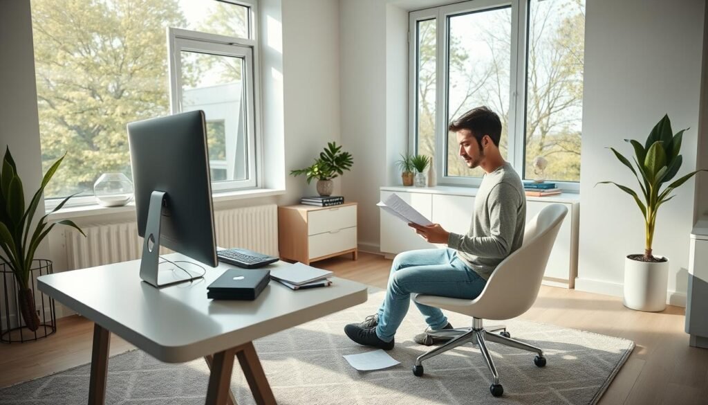 A modern, minimalist office setting with a desktop computer, open laptop, and scattered papers and documents. A student sits focused, researching and filling out a scholarship application form. Warm, natural lighting filters through large windows, creating a serene, studious atmosphere. Geometric-patterned rugs, clean-lined furniture, and tasteful decor evoke an environment conducive to productive academic work. The scene conveys a sense of determination, diligence, and the strategic pursuit of educational opportunities.