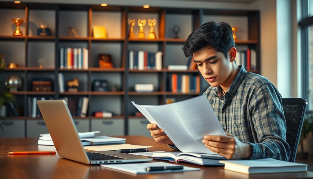 A strategic scholarship application process unfolds in a well-lit, modern office. In the foreground, a student meticulously reviews documents and forms, a focused expression on their face. The middle ground depicts a neatly organized desk with a laptop, stationery, and reference materials. In the background, shelves filled with books and awards create an atmosphere of academic excellence. Warm, directional lighting casts subtle shadows, emphasizing the deliberate, thoughtful nature of the scene. The overall mood conveys a sense of determination, preparation, and the pursuit of a full-ride scholarship opportunity.