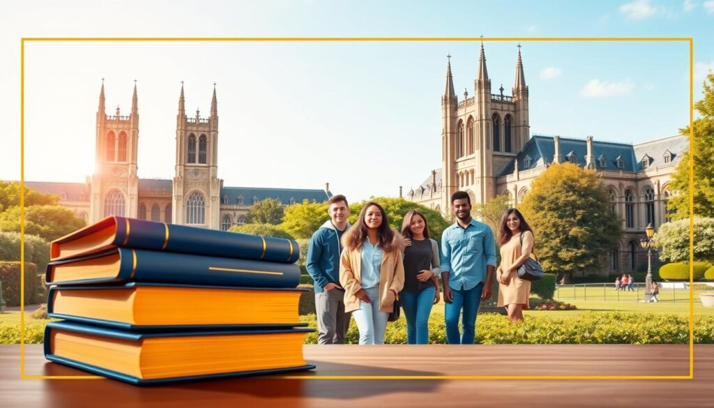 A vibrant, visually-striking scholarship program design featuring an elegant, modern layout. In the foreground, a stack of books in shades of blue and gold, symbolizing the educational focus. In the middle ground, a group of diverse students in a casual, yet studious pose, conveying the inclusive nature of the program. The background showcases a scenic university campus, with towering Gothic-style buildings and lush greenery, evoking a sense of prestige and opportunity. Warm, soft lighting casts a welcoming glow, and the composition is framed by a subtle, geometric border to enhance the professional, polished aesthetic.
