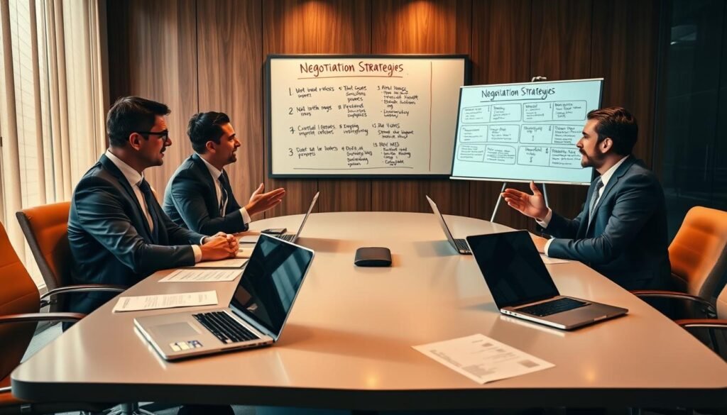 A boardroom table with financial documents, laptops, and negotiation tactics displayed on a whiteboard. Three business professionals in formal attire engage in a lively discussion, their body language conveying persuasive arguments and strategic thinking. Warm, directional lighting illuminates the scene, creating a sense of intensity and focus. The camera angle is from the side, offering a dynamic perspective of the high-stakes negotiation process.