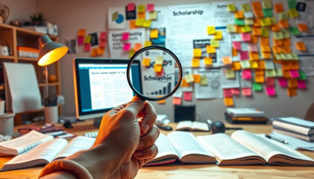 A brightly lit workspace with a desktop computer, open books, and scattered documents, creating an atmosphere of focused scholarship. In the foreground, a hand holding a magnifying glass, symbolizing the act of diligently searching for opportunities. In the middle ground, a collage of scholarship application forms, scholarship search websites, and financial aid resources. The background features a wall covered with colorful sticky notes, representing the diverse range of scholarship options available. Warm lighting and a sense of organized chaos convey the dedicated effort required to navigate the scholarship landscape.