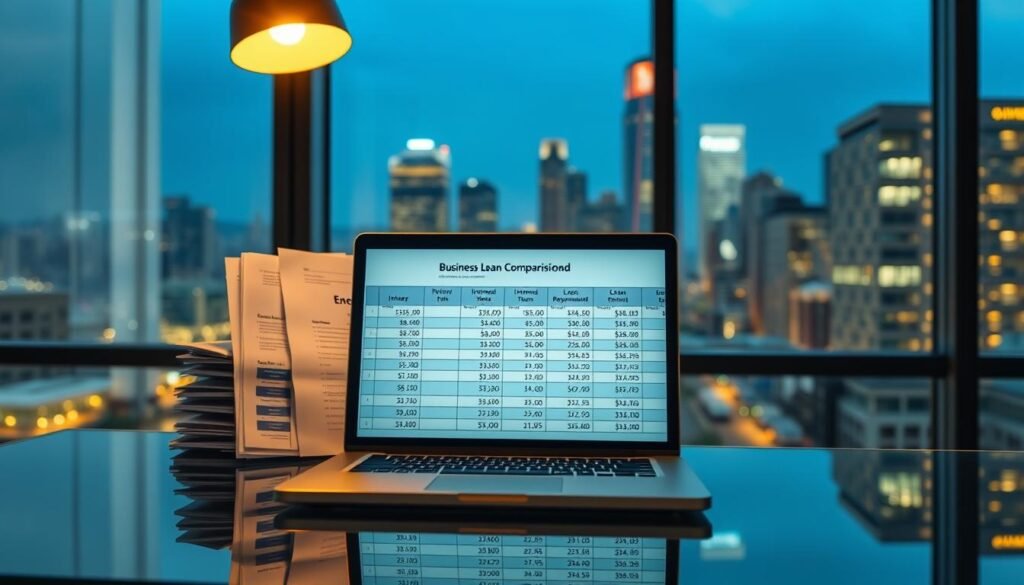 A business loan comparison displayed on a modern glass desk, illuminated by a warm overhead spotlight. In the foreground, a laptop open to a spreadsheet comparing interest rates, loan amounts, and repayment terms from multiple lenders. Behind it, a trio of business finance documents, their details subtly visible. In the background, a large window overlooking a bustling city skyline, reflecting the professionalism and success associated with securing the right business loan.