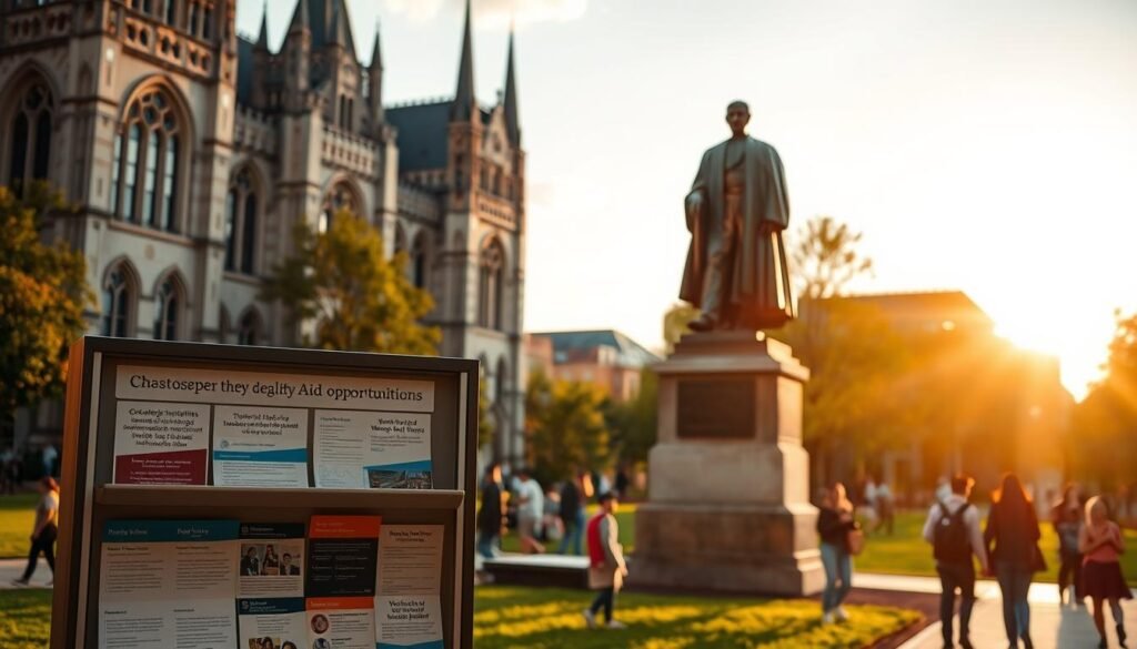 A bustling academic campus with towering neo-Gothic buildings, lush green lawns, and students bustling about. In the foreground, an information kiosk with brochures and flyers showcasing various institutional aid opportunities - scholarships, grants, work-study programs, and more. Warm, natural lighting casts a welcoming glow, inviting passersby to explore the wealth of financial support available. In the background, a striking bronze statue of a prominent historical figure, representing the university's proud tradition of empowering students through higher education. The overall scene conveys a sense of opportunity, community, and the transformative power of institutional investment in the success of its learners.