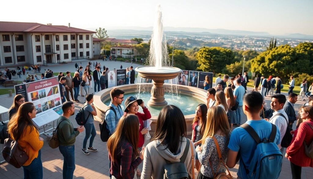A bustling campus scene, with international students from diverse backgrounds gathered around a central fountain. In the foreground, a group discusses study abroad opportunities, gesturing excitedly towards a display board showcasing country-specific programs. The middle ground features informational booths, decorated with flags and banners, providing details on scholarships and funding options. In the background, a picturesque landscape unfolds, hinting at the cultural richness of the host country. The lighting is warm and inviting, creating a sense of excitement and possibility. Shot with a wide-angle lens to capture the full scope of the scene, this image conveys the vibrant, inclusive nature of a country-specific study abroad program.