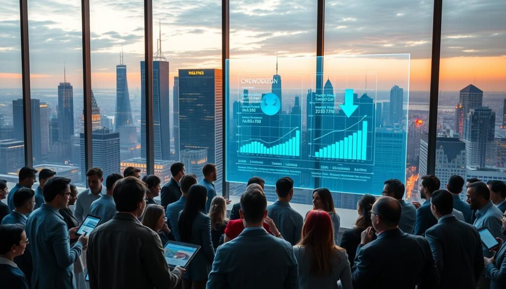 A bustling cityscape with modern skyscrapers and a vibrant, neon-lit crowd of investors and entrepreneurs gathered around a central platform, discussing investment opportunities. In the foreground, a group of non-accredited individuals examines documents and tablet displays, exploring crowd-funded startup projects. The middle ground features a large, holographic projection showcasing detailed financial information and growth projections. The background is softly lit, with a cityscape skyline visible through large windows, creating a sense of scale and opportunity. The lighting is a mix of warm, ambient tones and cool, technological hues, reflecting the blend of traditional and innovative investment strategies.