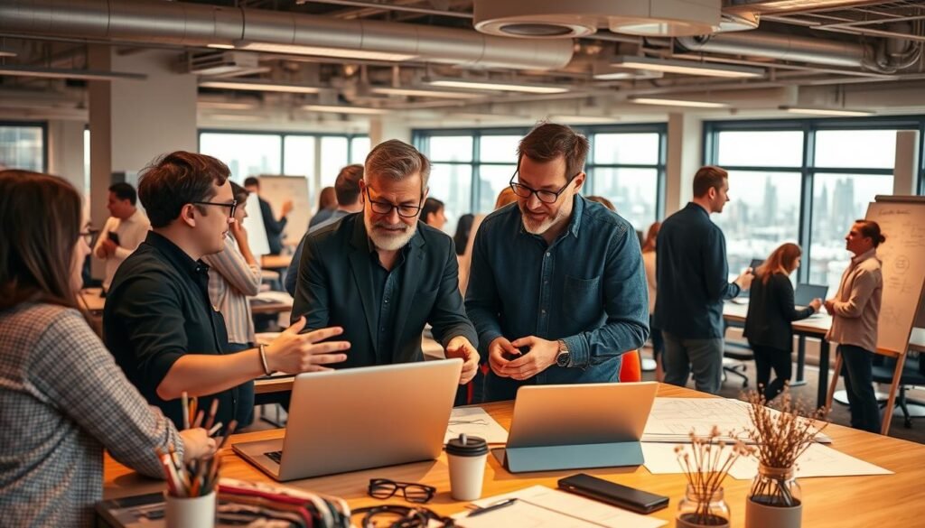 A bustling co-working space filled with eager entrepreneurs, mentors, and accelerator program staff. The foreground depicts a lively discussion between a startup founder and a seasoned industry expert, gesturing animatedly over a sleek, modern laptop. The middle ground showcases a cluster of young professionals collaborating on whiteboards, exchanging ideas and sketching prototypes. In the background, a panoramic view of the city skyline, conveying a sense of opportunity and growth. Warm, diffused lighting casts a welcoming glow, while the overall composition suggests a dynamic, supportive environment primed for nurturing innovative ideas and accelerating business development.