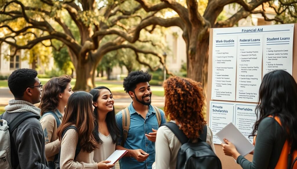 A bustling college campus with diverse students navigating various financial aid options. In the foreground, a group of students discussing scholarship opportunities, grants, and student loans, their expressions animated with hope and determination. In the middle ground, a financial aid counselor gestures towards a wall display showcasing the different types of aid - work-study programs, federal loans, private scholarships, and more. The background features a serene quad with towering oak trees, reflecting the tranquility and potential that higher education can offer. Warm lighting accentuates the scene, capturing the sense of guidance and support available to those seeking to finance their academic dreams.