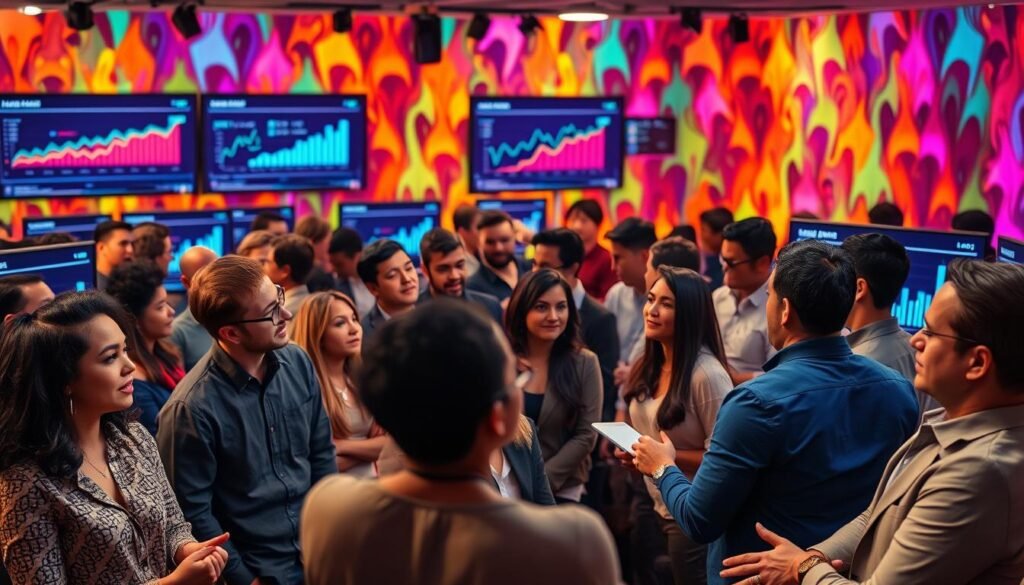 A bustling crowdfunding platform, with a focus on small business loans. In the foreground, a diverse group of entrepreneurs pitching their ideas to a panel of investors, their faces alight with hope and determination. In the middle ground, a maze of graphs, charts, and financial data displayed on sleek monitors, highlighting the growth potential of the featured projects. The background is a kaleidoscope of vibrant colors, conveying the energy and excitement of the funding process. Warm, diffused lighting illuminates the scene, creating a sense of warmth and optimism. The overall mood is one of collaborative innovation, where new ideas and bold ventures are nurtured and empowered through the power of collective funding.