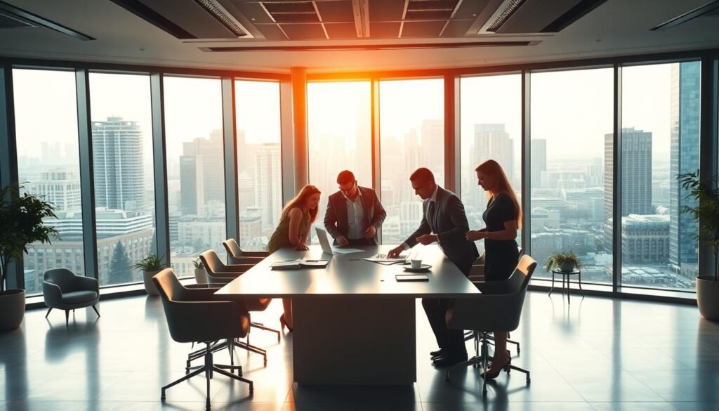 A bustling modern office scene, bathed in warm, natural lighting. In the foreground, a team of business professionals review financial documents and discuss potential funding opportunities. The middle ground features a large conference table, sleek and minimalist in design, surrounded by comfortable chairs. In the background, floor-to-ceiling windows offer a panoramic view of a vibrant city skyline. The atmosphere is one of collaboration, innovation, and entrepreneurial spirit, capturing the essence of private business funding opportunities.