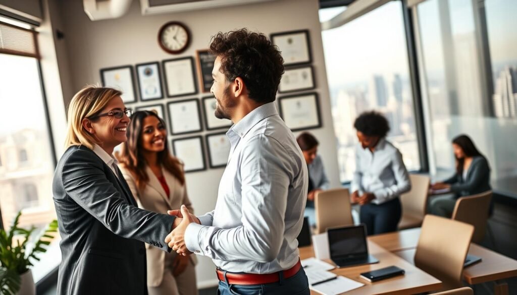 A bustling office scene capturing the essence of &amp;amp;amp;amp;quot;Engaging with Funders and Building Lasting Relationships&amp;amp;amp;amp;quot;. In the foreground, two professionals shake hands, expressions warm and engaged. Behind them, a team huddles around a conference table, poring over documents and laptops. The background features a wall lined with framed awards and certificates, conveying a sense of credibility and expertise. Soft, directional lighting casts a professional glow, while a large window offers a view of a vibrant city skyline, hinting at the broader context and opportunities. The overall mood is one of collaborative, strategic partnership - a visual representation of the key ideas in the &amp;amp;amp;amp;quot;Effective Grant Writing Techniques for Funding&amp;amp;amp;amp;quot; article.