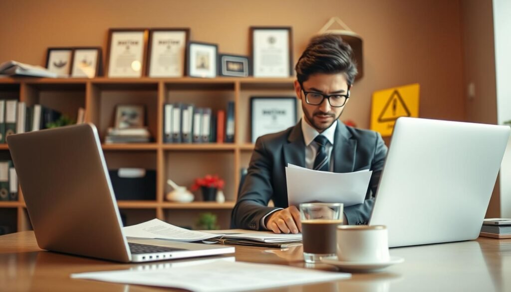 A bustling office scene, with a well-lit desk in the foreground showcasing a laptop, papers, and a cup of coffee. In the middle ground, a professional-looking person in business attire is carefully reviewing documents, their expression conveying caution and alertness. The background is a warm, muted palette, with shelves of books and framed certificates, evoking an atmosphere of credibility and expertise. Subtle visual cues, such as a magnifying glass or a cautionary sign, hint at the need to avoid scams in the grant application process.
