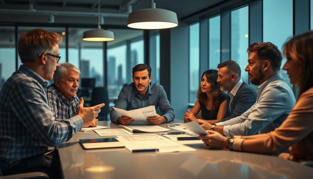 A bustling office scene, with venture capitalists gathered around a sleek conference table, meticulously reviewing financial reports and pitch decks. Soft lighting from overhead fixtures casts a warm glow, highlighting the focused expressions on their faces as they discuss potential investments. In the foreground, a senior partner gestures animatedly, while others take notes or engage in lively debate. The background blurs slightly, revealing the impressive cityscape visible through large windows, a testament to the high-stakes world of startup funding.