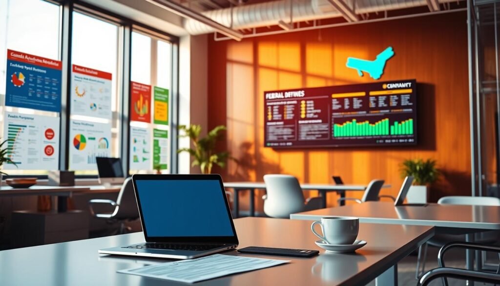 A bustling office setting, illuminated by warm, natural lighting that pours in through large windows. In the foreground, a sleek, modern desk with a laptop, papers, and a cup of coffee. On the walls, vibrant infographics and charts showcase the key details of various federal grant programs, each with its own distinct color palette and visual identity. In the background, a wall-mounted display showcases a live feed of grant application status updates, creating a sense of energy and activity. The overall atmosphere is professional, dynamic, and exudes a sense of opportunity and potential for small business growth.