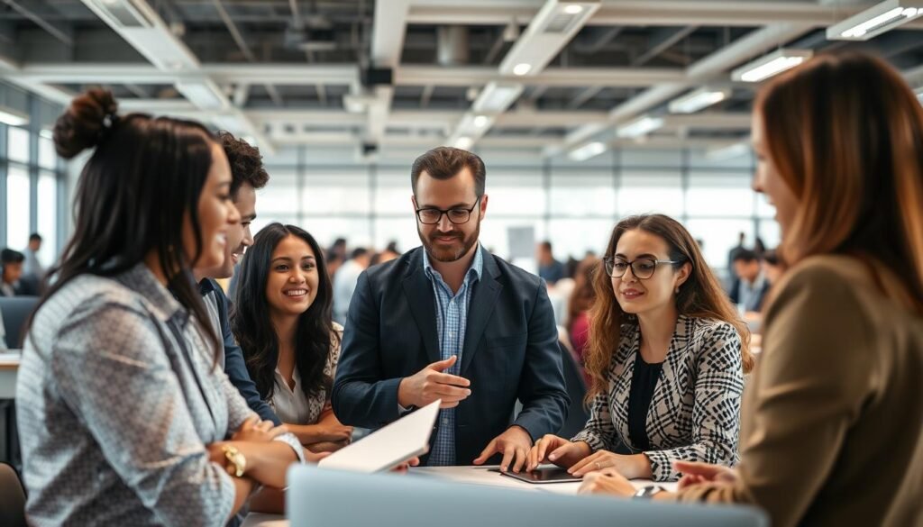 A bustling office setting, where people of diverse backgrounds collaborate intently, their faces alight with a sense of purpose. The foreground features a group of employees engaged in a lively discussion, their body language conveying a spirit of teamwork and shared goals. In the middle ground, employees at their desks, diligently working on various tasks, their expressions focused and determined. The background depicts an open, modern workspace, filled with natural light and accented by sleek, minimalist decor. The overall scene radiates a palpable sense of energy, innovation, and a shared commitment to the company's growth and success.