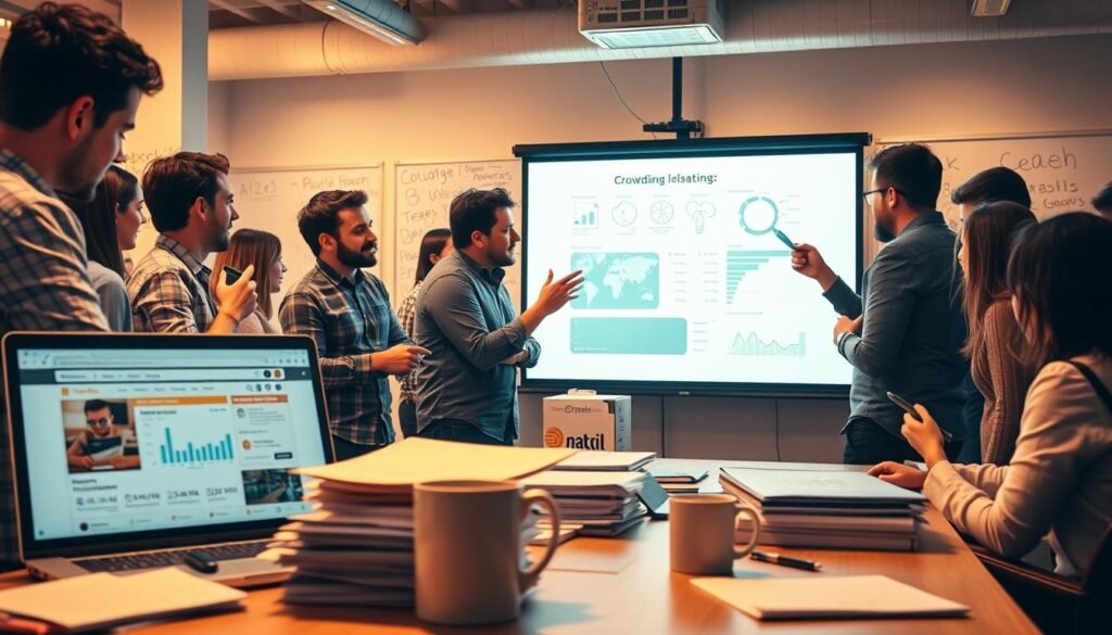 A bustling office space, warm lighting illuminates a group of entrepreneurs crowding around a projector screen, deep in discussion. In the foreground, a laptop displays a crowdfunding platform, showcasing statistics and campaign details. Beside it, stacks of business documents and a coffee mug suggest a collaborative effort. In the middle ground, team members gesture animatedly, exchanging ideas. The background features a whiteboard filled with sketches and notes, hinting at the innovative spirit driving their venture. An atmosphere of camaraderie and determination permeates the scene, reflecting the power of crowdfunding to fuel business growth.