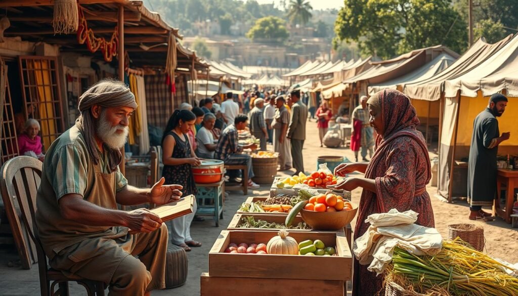 A bustling open-air market, with traders exchanging goods and services in a lively barter system. In the foreground, a carpenter offers hand-carved furniture in exchange for a farmer's fresh produce. In the middle ground, a seamstress trades her intricate tapestries for a blacksmith's tools. In the background, a vibrant mix of stalls and tents, each showcasing the unique offerings of the community. The scene is bathed in warm, golden sunlight, creating a sense of harmony and shared prosperity. The overall atmosphere is one of cooperation, ingenuity, and the timeless exchange of value.