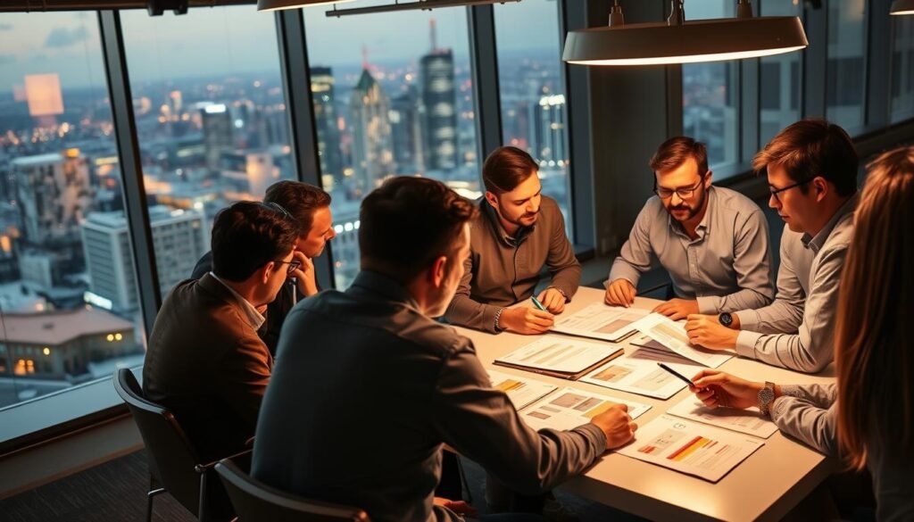 A bustling startup hub, where top angel investors huddle around a conference table, studying pitch decks under the warm glow of task lighting. In the foreground, a diverse group of seasoned financiers, their faces deep in thought as they evaluate the next big idea. Behind them, a panoramic view of a modern city skyline, hinting at the vibrant ecosystem they navigate. The atmosphere is one of intensity and opportunity, as these gatekeepers of capital weigh the potential of emerging businesses, seeking the most promising ventures to support. A scene that captures the essence of angel investing, where vision, risk, and reward converge.