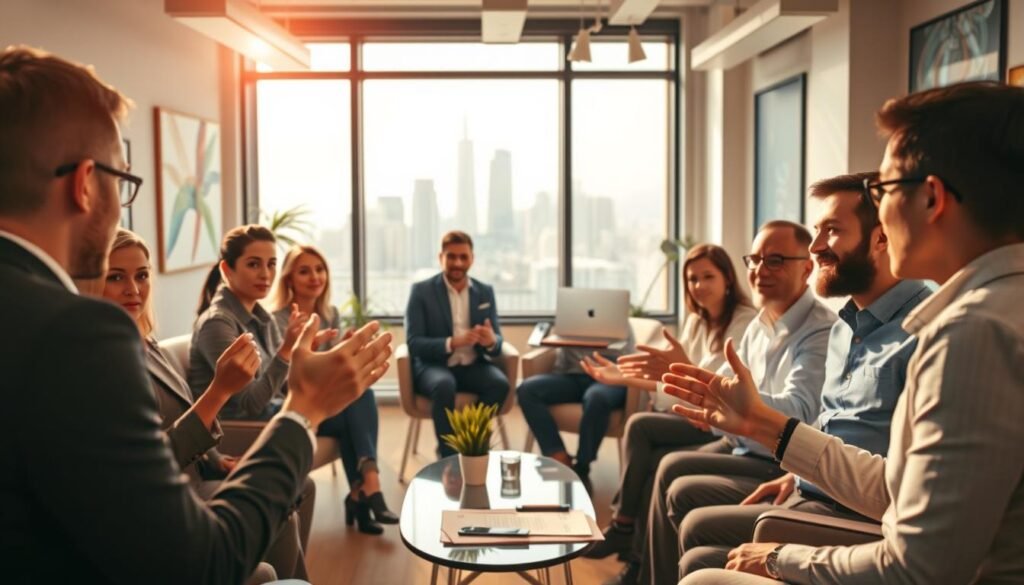 A bustling startup office, filled with energy and optimism. In the foreground, a group of confident entrepreneurs pitch their idea to a panel of stern-faced investors, their hands gesturing animatedly as they make their case. The middle ground features a well-appointed conference room, with sleek furniture and modern artwork adorning the walls, conveying an air of professionalism and success. In the background, the city skyline is visible through large windows, hinting at the vast potential and opportunities that await. The lighting is warm and inviting, creating a sense of opportunity and excitement. The overall atmosphere is one of high stakes and potential, as the entrepreneurs strive to secure the crucial seed funding that will launch their dreams.