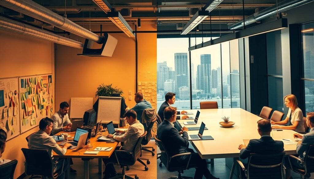 A bustling startup office, split down the middle. On the left, a team of determined entrepreneurs hunched over laptops, surrounded by whiteboards and sticky notes - the embodiment of bootstrapping. On the right, a sleek conference room with a large table, venture capitalists in sharp suits, evaluating pitch decks - the world of investor funding. Warm lighting casts a focused glow, while the background fades into an abstract cityscape, hinting at the broader landscape of entrepreneurship. The contrast in energy, approach, and resources is palpable, capturing the essence of the "Bootstrapping vs. Investor Funding" dynamic.