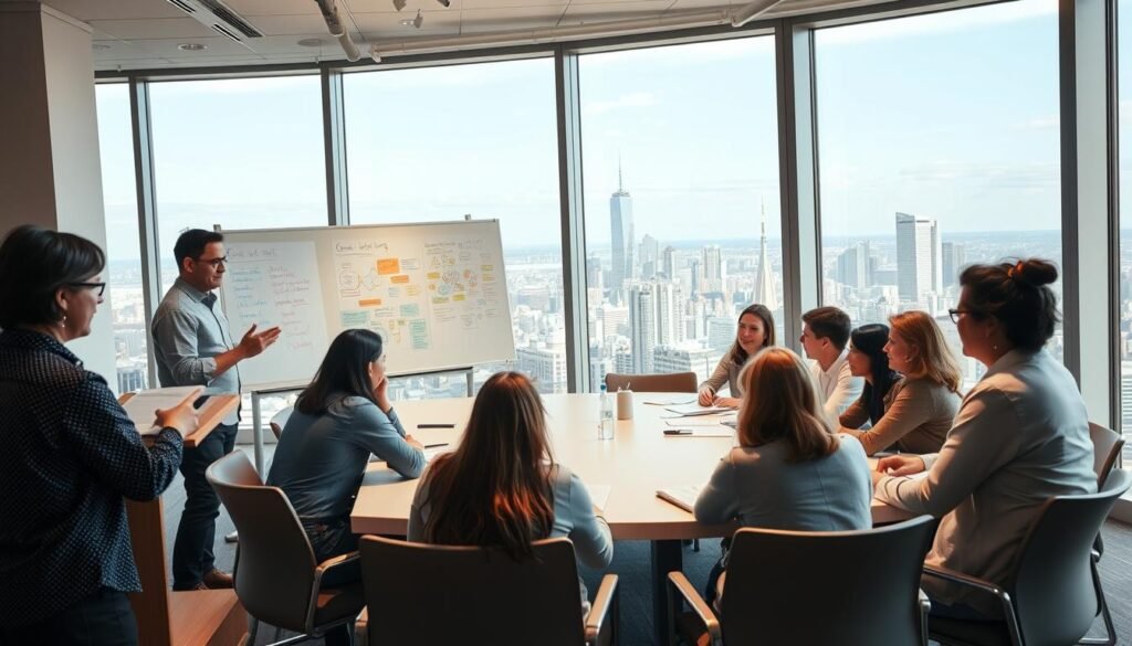 A bustling, well-lit room with a group of people engaged in a collaborative grant writing workshop. In the foreground, a facilitator standing at a podium, gesturing animatedly while participants sit around a large conference table, taking notes and discussing ideas. The middle ground features a whiteboard covered in colorful diagrams and brainstorming notes. The background showcases a panoramic view of the city skyline through expansive windows, creating a sense of energy and inspiration. Soft, directional lighting illuminates the scene, emphasizing the engaged expressions and hands-on nature of the interactive session.