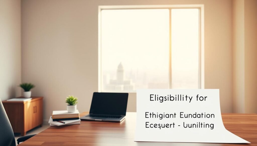 A clean and modern office space, bathed in soft, warm lighting. In the foreground, a wooden desk with a laptop, books, and a small potted plant. On the desk, a clean sheet of paper with the words "Eligibility for Higher Education Funding" written in a crisp, minimalist font. In the middle ground, a large window overlooking a cityscape, with a sense of openness and possibility. The background is a serene, neutral-toned wall, creating a calming and professional atmosphere. The overall scene conveys a sense of academic achievement, accessible opportunities, and the pursuit of higher education.