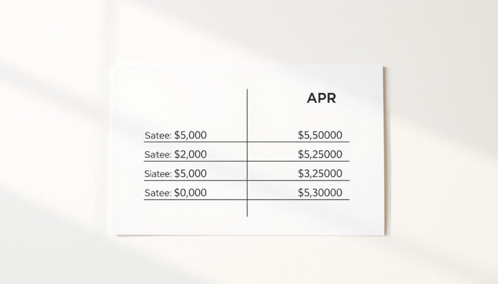 A clean, minimalist comparison chart displaying loan fees and APR side-by-side, set against a subtly textured white background. The chart elements are rendered with crisp, high-contrast lines and typography, creating a sense of clarity and professionalism. The layout is balanced, with ample whitespace to make the information easy to read and digest. Warm, neutral lighting from an unseen source casts gentle shadows, adding depth and dimension to the scene. The overall mood is one of informative utility, guiding the viewer through the critical details of loan costs and annual percentage rates.