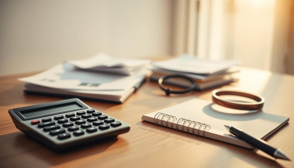A clean, minimalist workspace with an organized arrangement of essential financial planning tools. In the foreground, a calculator, a pen, and a notebook sit atop a wooden desk, bathed in warm, natural lighting. In the middle ground, a laptop, a stack of documents, and a magnifying glass create a sense of focused productivity. The background features a soft, blurred window, hinting at the world beyond, emphasizing the importance of financial planning for the future. The overall mood is one of efficiency, clarity, and a balanced approach to personal finance.