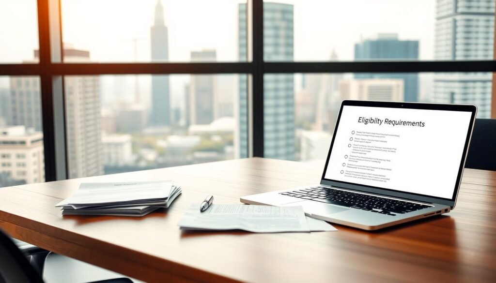 A clean, modern office interior with a large window overlooking a city skyline. On a sleek wooden desk, there are several documents and a laptop displaying a bulleted list of "Eligibility Requirements" - crisp, minimal text against a neutral background. A warm, focused task lighting illuminates the scene, creating a professional, business-oriented atmosphere. The composition emphasizes the key information, with the urban landscape visible in the background providing context. The image conveys a sense of authority, clarity, and attention to detail in the presentation of the eligibility criteria.