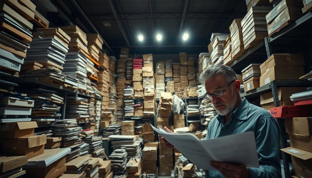 A cluttered warehouse overflowing with stacked boxes and merchandise, haphazardly placed on rickety shelves. Dim lighting casts long shadows, conveying a sense of disorganization and neglect. In the foreground, a manager examines inventory spreadsheets, brow furrowed in frustration. Piles of unsold goods loom in the background, a visual metaphor for excessive inventory and poor cash flow management. The scene is captured with a wide-angle lens, emphasizing the cramped, claustrophobic atmosphere. Overall, the image conveys the challenges of managing excess inventory and the impact on a business's financial stability.