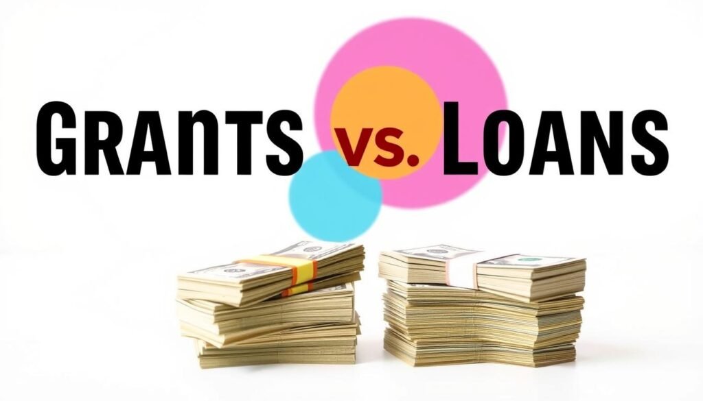 A comparison of business grants and loans, displayed against a clean, minimalist background. In the foreground, two stacks of currency symbolize the financial resources available through grants and loans. The grant stack is slightly taller, representing the potential advantages of grants over loans. In the middle ground, abstract shapes in complementary colors suggest the diverse options and considerations for each financing avenue. The lighting is soft and diffused, creating a sense of clarity and focus on the central elements. The overall composition conveys a balanced, informative perspective on the key differences between these two important business financing tools.