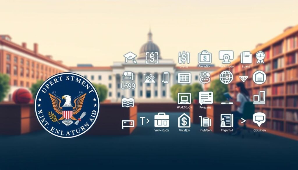 A comprehensive visual exploration of federal student aid, capturing the diverse funding opportunities available for higher education. In the foreground, a detailed illustration of the U.S. Department of Education logo, symbolizing the government's commitment to accessible education. The middle ground features various icons representing grants, loans, work-study programs, and other financial aid options, arranged in a clean, organized manner. The background showcases a serene, academic setting, with university buildings, library shelves, and students studying, all bathed in warm, inviting lighting that conveys a sense of knowledge and opportunity. The overall composition aims to inform and inspire, reflecting the importance of federal student aid in empowering individuals to pursue their educational aspirations.