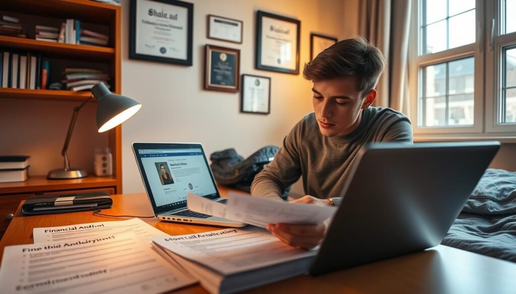 A cozy college dorm room, warm lighting illuminating a student's desk. On the desktop, financial aid forms and brochures detailing eligibility requirements for grants and scholarships. An open laptop displays a website explaining the application process. Framed certificates and diplomas hang on the wall, suggesting the student's academic achievements. A sense of focus and determination fills the scene, as the student leans in, carefully reviewing the documents to ensure they meet all the necessary criteria for financial aid.