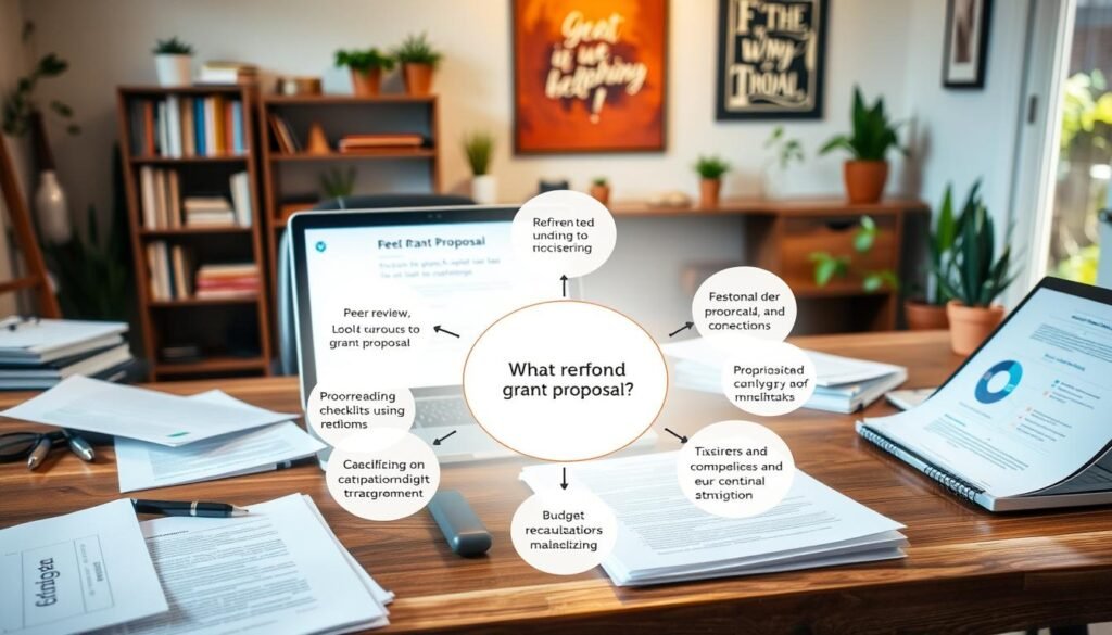A cozy home office with a large wooden desk, neatly organized papers, and a laptop displaying a grant proposal. In the middle ground, a detailed diagram showcasing various revision strategies, such as peer review, proofreading checklists, and budget recalculations. In the background, a warm, natural-lit space with bookshelves, potted plants, and an inspirational wall art piece. The overall mood is focused, productive, and helpful, reflecting the theme of refining a grant proposal for funding success.