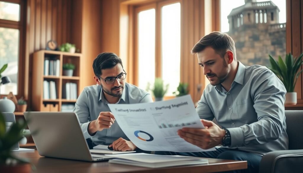 A cozy office scene with a pair of angel investors in thoughtful discussion, pouring over financial documents and laptop screens. Soft natural lighting filters through large windows, casting a warm glow on the wood-paneled walls. In the foreground, the investors lean in, expressions earnest as they review startup funding details. The background features a bookshelf, potted plants, and other subtle touches that convey an atmosphere of trust, professionalism, and careful consideration. The overall mood is one of collaboration, as the investors carefully weigh the merits of the startup proposal before them.